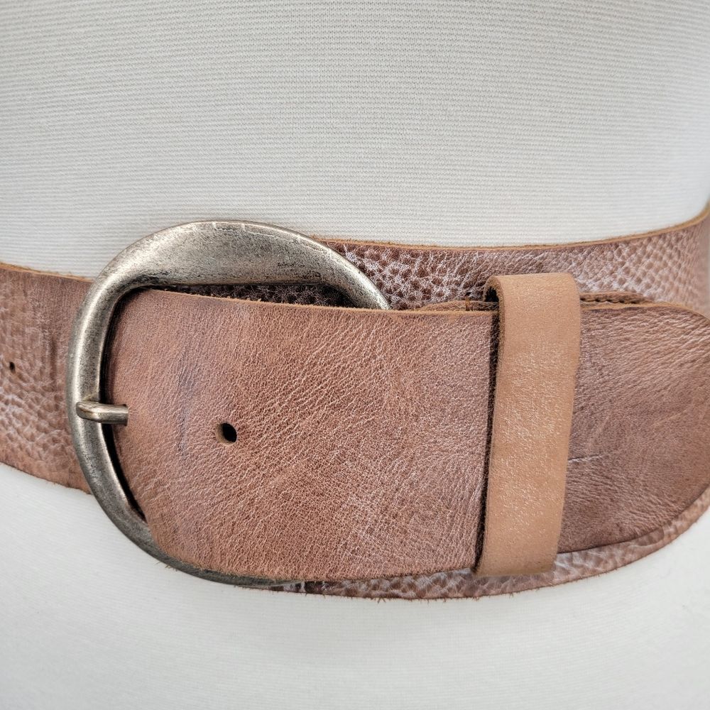 Sam Brown Wide Asymmetrical Tan Leather Belt Oversized Silver Buckle Boho - Picture 3 of 14